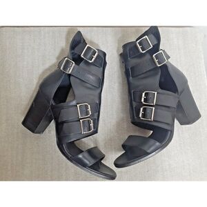 THE KOOPLES Heels Black Leather Strappy Buckle  Block Heels‎ Size 8 EU 38